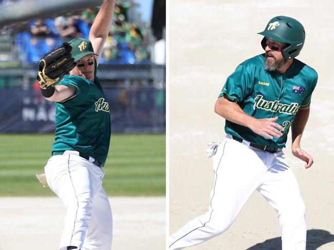 Australian Steelers' softball players Jack Besgrove and Nick Shailes during the team's 2022 World Cup final victory over Canada. Photo: supplied.