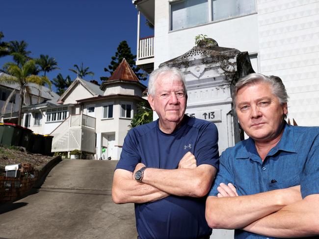L to R, Warwick Vere (Rocking Horse Records owner) and Ben Hockley a neighbour, outside the once  heritage listed house Trevenen, Highgate Hill - on Thurssday 8th May  2025 - Photo Steve Pohlner