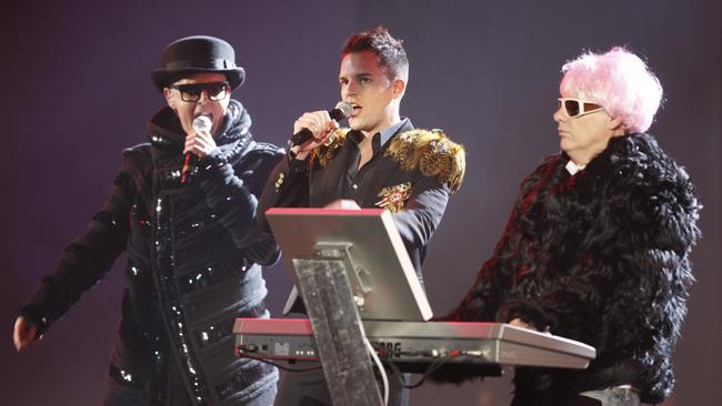 Neil Tennant, Brandon Flowers and Chris Lowe at the 2009 Brit Awards Pic: AP Photo/MJ Kim