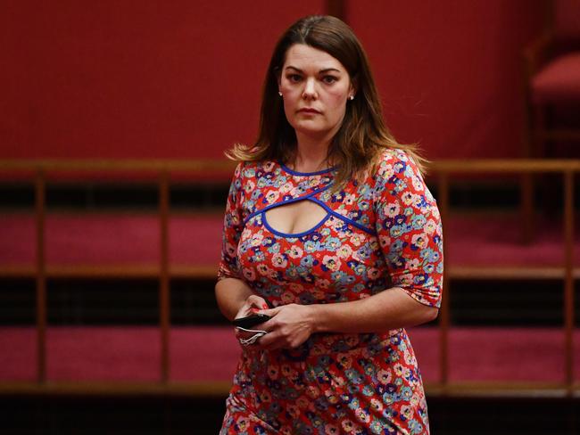 Greens Senator Sarah Hanson-Young leaves after a vote to suspend Australian Greens leader, Senator Richard Di Natale from the Senate at Parliament House in Canberra, Tuesday, November 27, 2018. (AAP Image/Mick Tsikas) NO ARCHIVING