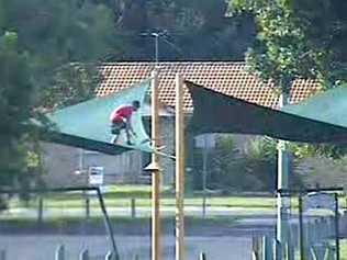 A youth is captured on CCTV climbing on shade sails at Lenihan Park, Rosewood. . Picture: Contributed