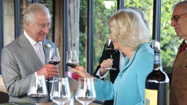 King Charles and Queen Camilla enjoy a glass of red on September 22, 2023 in Bordeaux. Picture: Ian Vogler/ Pool/Getty Images