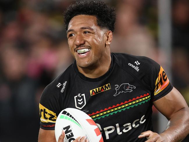 SYDNEY, AUSTRALIA - SEPTEMBER 28:  Paul Alamoti of the Panthers celebrates after scoring a try during the NRL Preliminary Final match between the Penrith Panthers and the Cronulla Sharks at Accor Stadium on September 28, 2024 in Sydney, Australia. (Photo by Jason McCawley/Getty Images)