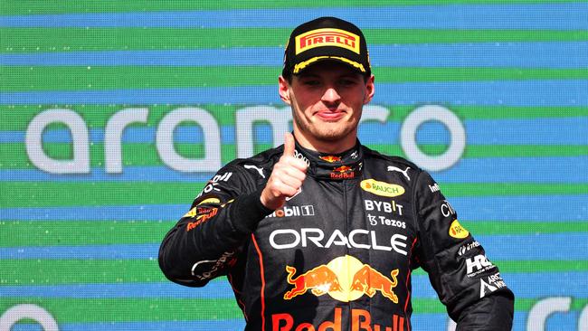 Max Verstappen celebrates on the podium after winning the United States Grand Prix in Austin, Texas. Photo: Peter Fox/Getty Images/AFP