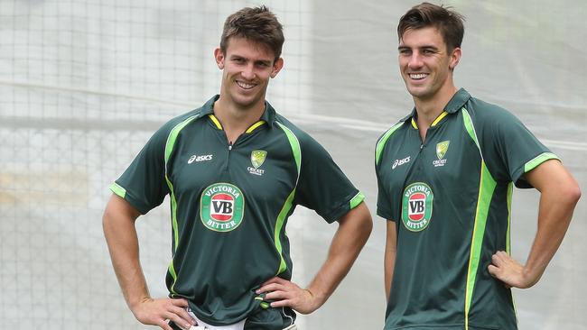 8.12.2014. Australian cricket team practice at Adelaide Oval. Mitchell Marsh and Pat Cummins. pic tait schmaal.