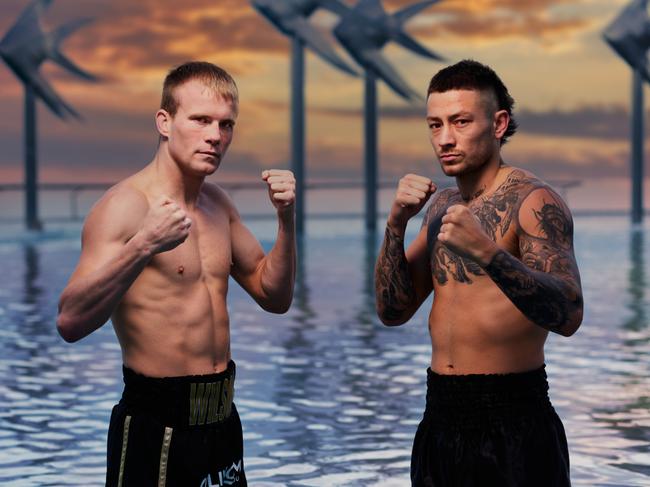Liam Wilson (left) and Liam Paro are pictured at the Cairns Esplanade Lagoon ahead of their respective fights in the No Limits Boxing event on June 25, 2025. Picture: Brad Newton / No Limits Boxing.