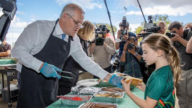 Prime Minister Scott Morrison on a visit to the Wanneroo Rugby Union Club for a barbeque lunch with club members, in Madeley, WA. Picture: Jason Edwards