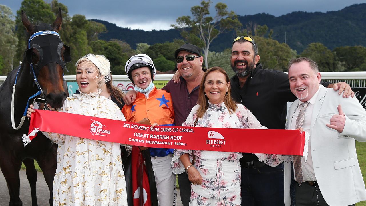 Cairns Newmarket winner Doctor Zous with Hannah Tran, jockey Nathan Day, Darryl Hansen, Sue Hunt, Mark Von Senden and Frank Gug at the Cairns Jockey Club, Cannon Park. PICTURE: Brendan Radke