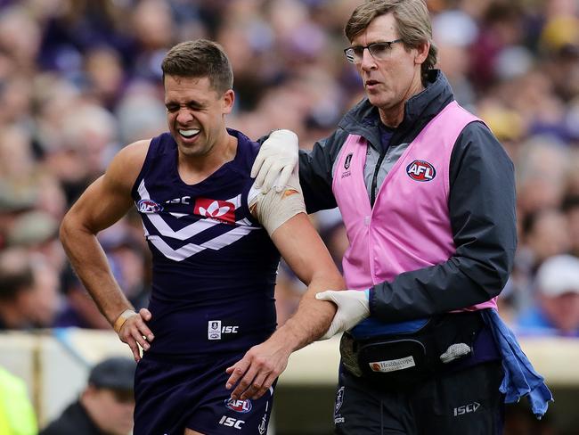 Freo speedster Stepehen Hill suffered a nasty shoulder injury in the Western Derby. Picture: Getty Images