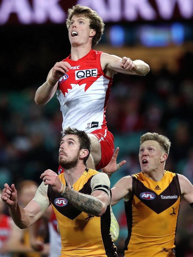 Nick Blackey shows off his aerial skills against the Hawks. Picture: Phil Hillyard