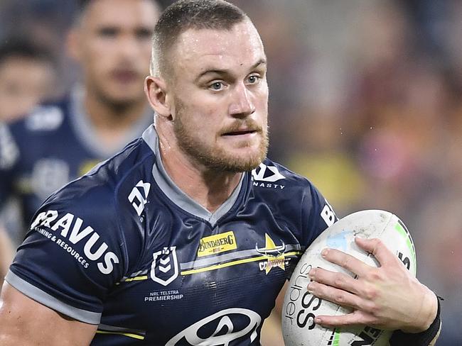 TOWNSVILLE, AUSTRALIA - MAY 08:  Coen Hess of the Cowboys runs the ball during the round nine NRL match between the North Queensland Cowboys and the Brisbane Broncos at QCB Stadium, on May 08, 2021, in Townsville, Australia. (Photo by Ian Hitchcock/Getty Images)