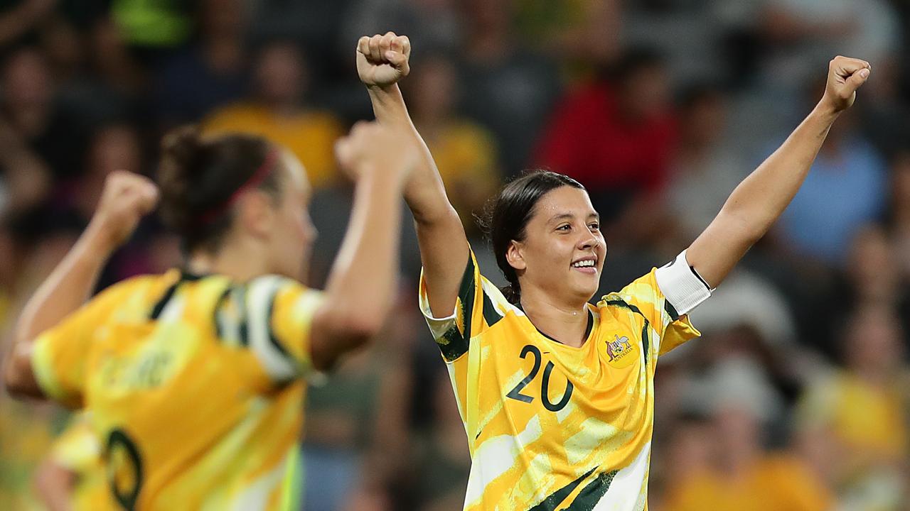 Sam Kerr celebrates the Matildas last-gasp equaliser.