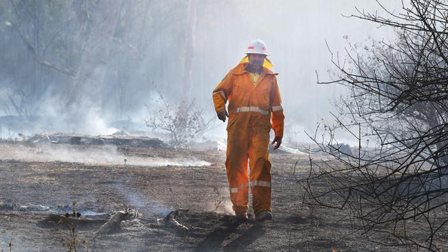 NO REST IN SIGHT: Brett Nagel from the Rural Fire Brigade makes his way through the devastation on Spicers Gap Rd. Picture: Annette Dew.