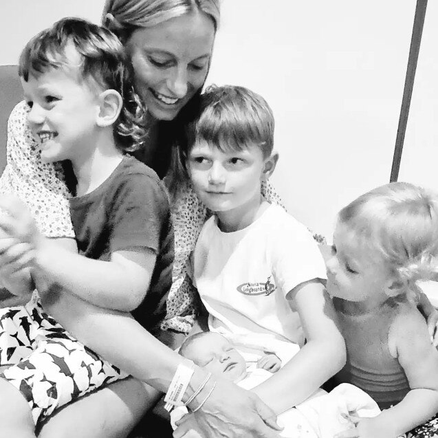 Former netballer Laura Geitz and her husband Mark Gilbride announced the birth of their fourth child Pippa Goldie Gilbride nine months ago, who joined Barney, 6, Franky, 4, and Billie Mae, 2. Picture Instagram