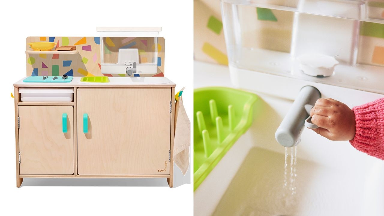 Lovevery's The Real Life Play Kitchen features running water and customisable back splashes. Picture: Lovevery