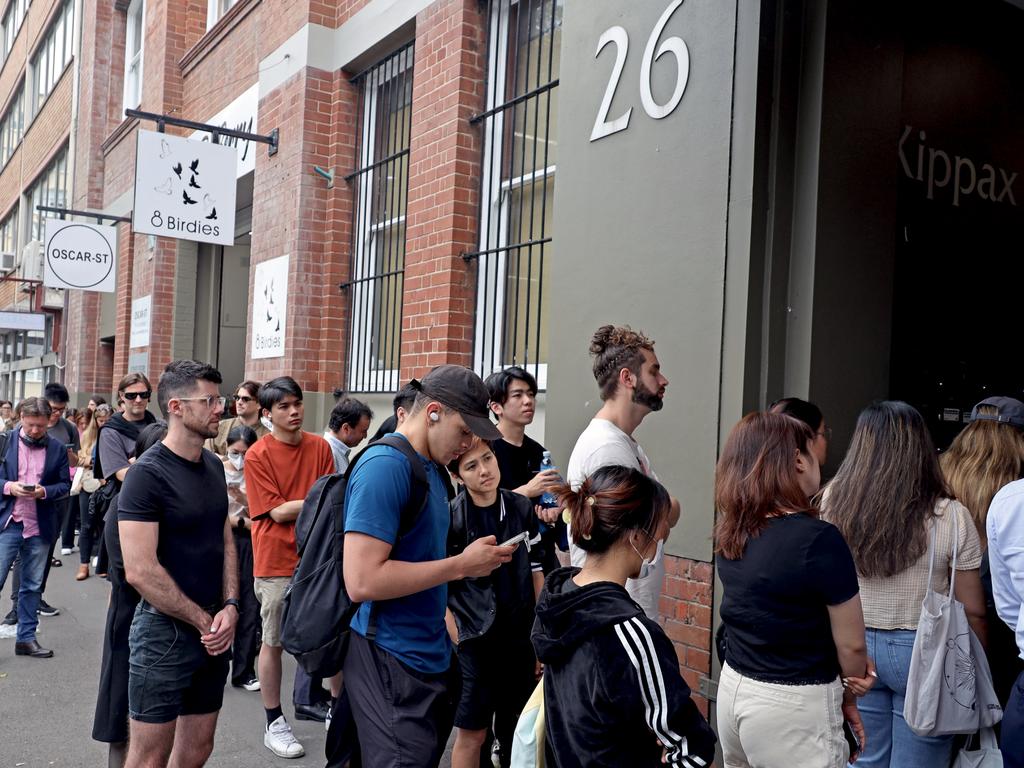 Sydneysiders pictured lined up outside an open-for-inspection rental apartment. Picture: Nicholas Eagar