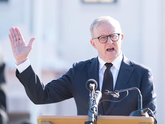 SYDNEY, AUSTRALIA - NewsWire Photos, April 26, 2024. Prime Minister Anthony Albanese speaks during the funeral for Faraz Tahir at Masjid Baitul Huda. Picture: NCA NewsWire / Flavio Brancaleone