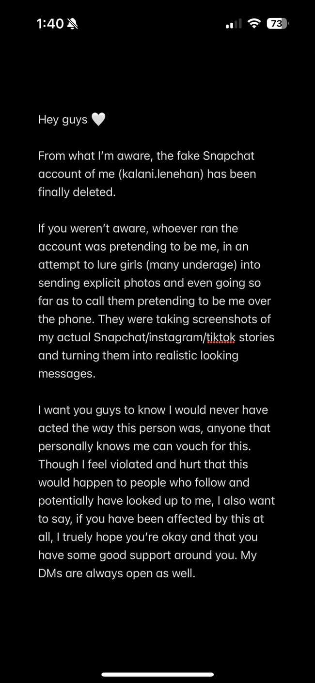 Kalani shared a new warning on his Instagram about the impostor. Picture: Instagram / @kalanilenehan