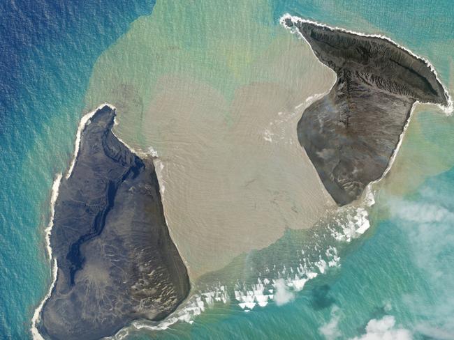 An aerial image shows Tonga split in two.