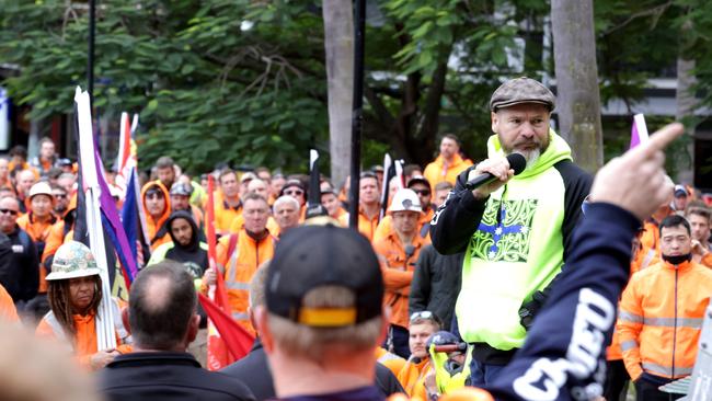 Jade Ingham, assistant state secretary of the Queensland CFMEU, leads a protest about Cross River Rail work sites on Wednesday. Picture: Steve Pohlner