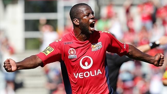 A-LEAGUE — Adelaide United v Newcastle Jets at Coopers Stadium. Bruce Djite celebrates his first half goal. PIC SARAH REED.