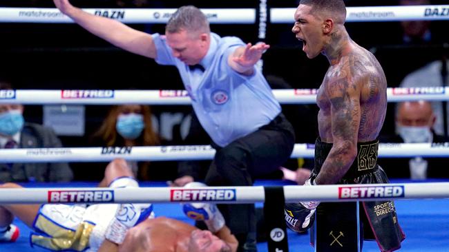 Conor Benn celebrates after knocking out Chris Algieri. Photo by Nick Potts/PA Images via Getty Images