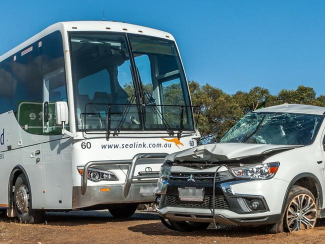 A driver whose car collided with a SeaLink charter bus transporting more than 30 passengers on Kangaroo Island has sustained serious injuries in the crash. Emergency services were called to the incident on South Coast Rd, near Hickmans Rd, at Seal Bay just before 1pm on Sunday.Picture: Sean McGowan