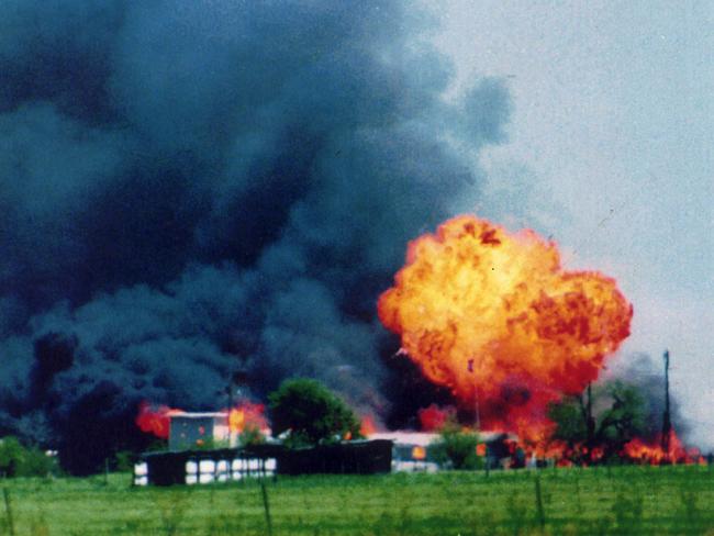 Explosion and fire at Branch Davidian cult compound in Waco, Texas, USA after a police siege in April 1993.