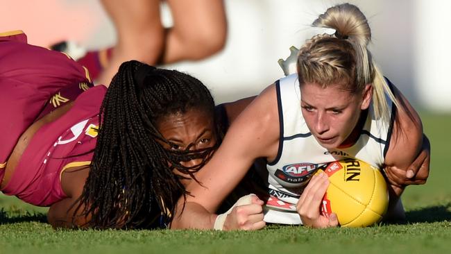 Sabrina Frederick-Traub brings down Adelaide’s Deni Varnhagen. Picture: Sam Wundke