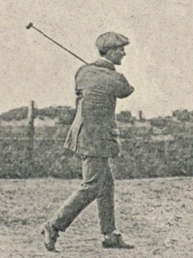 Clyde Pearce tees off during the 1909 Australian golf championship. Picture: AUSTRALIAN GOLF DIGEST