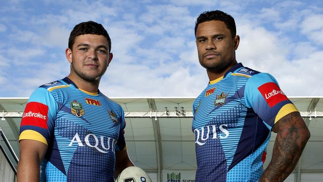 Gold Coast Titans open training session at Cbus Super Stadium. Ashley Taylor (L) &amp; Josh Hoffman. Photo: Jerad Williams