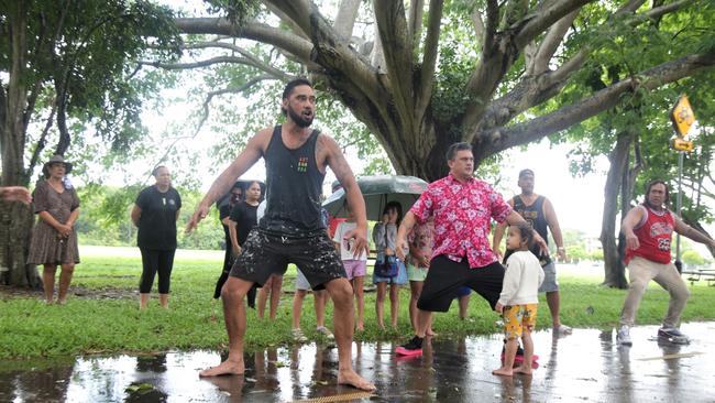 Glenn Wiremu Taiapa with other members of the Maori community perform a haka on the Cairns Esplanade to farewell his son Tiwanaku Pineamine Taiapa who fell into a septic tank and drowned. Picture: Peter Carruthers