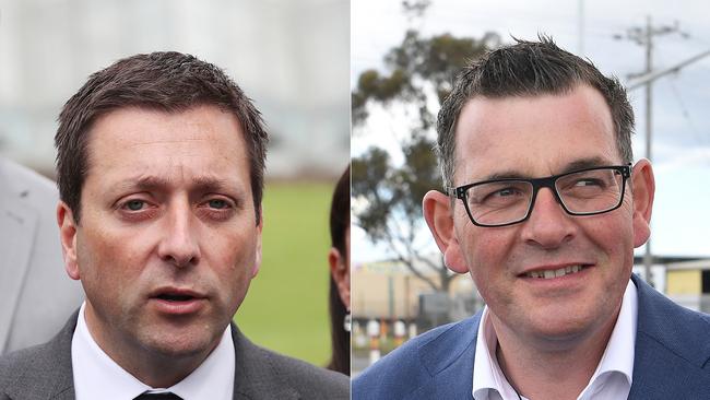 The campaign battle ensues between old foes Matthew Guy and Daniel Andrews. (AAP Image/David Crosling, Julian Smith) NO ARCHIVING