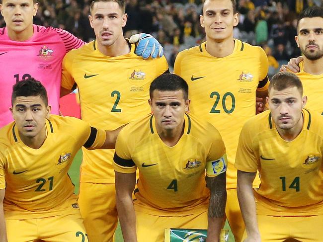 Socceroos V Brazil at the M.C.G. , 13th June, Melbourne Australia.  Australia's Bailey Wright  , Mitch Langerak , Milos Degenek, Trent Sainsbury,  Aziz Behich and  Matthew Leckie ,Front Row . :  Robbie Kruse , Massimo Luongo , Tim Cahill , James Troisi and  Mark Milligan . Picture : George Salpigtidis