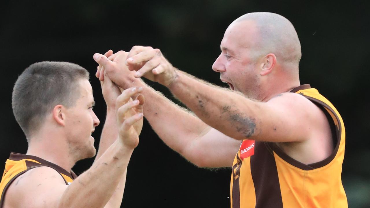 Football GDFL - Corio v Inverleigh. Inverleigh 22 Dalton Grundell celebrates with 7 Adam Donohue on a goal Picture: Mark Wilson