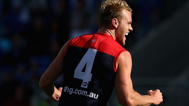 Jack Watts celebrates a goal against Collingwood.