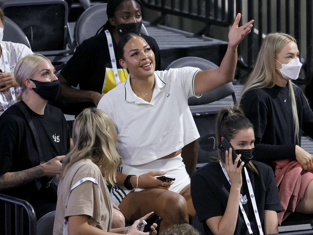 Liz Cambage, centre, denied reports that she had partied in Las Vegas before quitting the Australian Olympic team. Picture: AFP