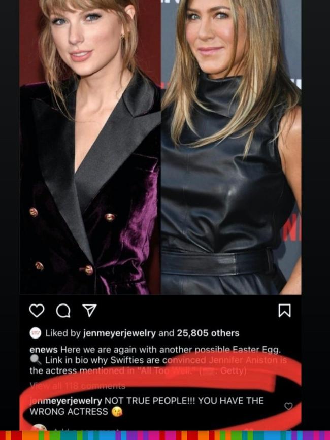 Fans wrongly theorised Jennifer Aniston was the actor who comforted Swift in 'All Too Well'. Image: Instagram / @deuxmoi