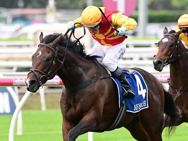The Annabel and Rob Archibald-trained gelding Depth Of Character crosses the winning post in the $350,000 Group 2 Queensland Guineas (1600m)  at Eagle Farm on Saturday, May 3, 2025. Picture: Grant Peters / Trackside Photography
