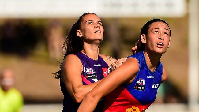 FREMANTLE, AUSTRALIA – MARCH 08: Gemma Houghton of the Dockers sets to compete for a throw in with Jesse Wardlaw of the Lions. (Photo by Daniel Carson/AFL Photos via Getty Images)