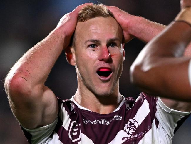 AUCKLAND, NEW ZEALAND - APRIL 13: Daly Cherry-Evans of Manly reacts after being awarded a penalty in extra time during the round six NRL match between New Zealand Warriors and Manly Sea Eagles at Go Media Stadium Mt Smart, on April 13, 2024, in Auckland, New Zealand. (Photo by Hannah Peters/Getty Images)