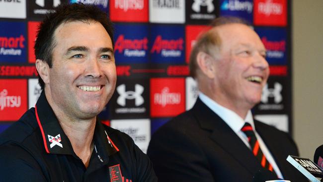 MELBOURNE, AUSTRALIA – NewsWire Photos SEPTEMBER 30TH, 2022: Newly-appointed senior coach Brad Scott, with Essendon President David Barham, speaking to the media at the NEC Hangar. Picture: NCA NewsWire / Nicki Connolly