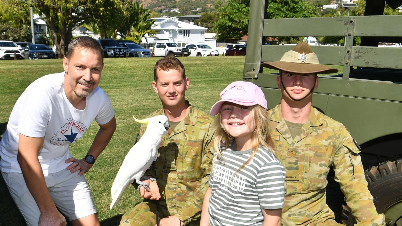 Legacy Centenary Torch Relay and community day at Jezzine Barracks. Mark Lassig and Eulalie, 8, with Private Blake McCrea with 3CER mascot Albie and Private Billy Pieper. Picture: Evan Morgan