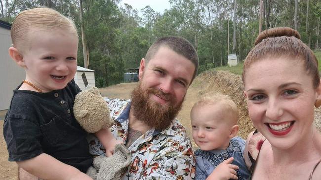 Dane and Ellie Hobby have been overwhelmed with support from the Gympie and Sunshine Coast communities after their son Leon (right) suffered a serious injury in a freak accident. The family is pictured with their eldest son Vincent, 2. Picture: Supplied.