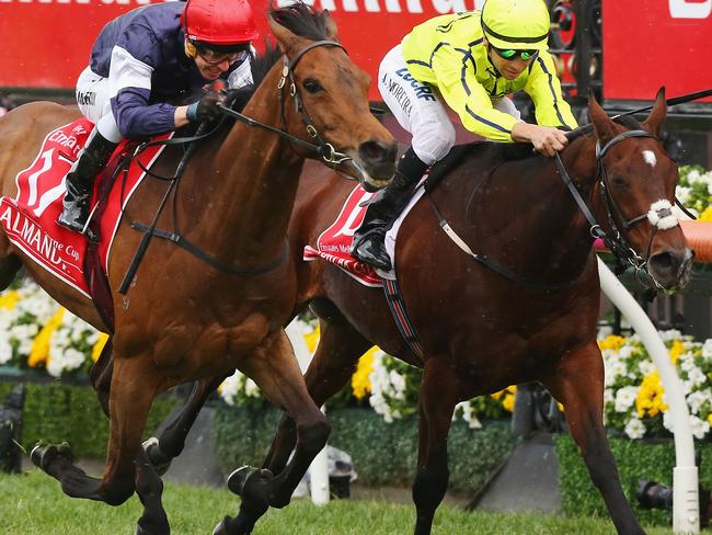 Almandin (left) and Heartbreak City fight out the finish of last year’s Melbourne Cup. Picture: Getty Images