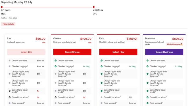 Virgin Australia’s fares for Melbourne-Sydney on July 22.