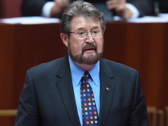 Senator Derryn Hinch speaks during a motion on Senator Bob Day in the Senate chamber at Parliament House in Canberra, Monday, Nov. 7, 2016. (AAP Image/Lukas Coch) NO ARCHIVING