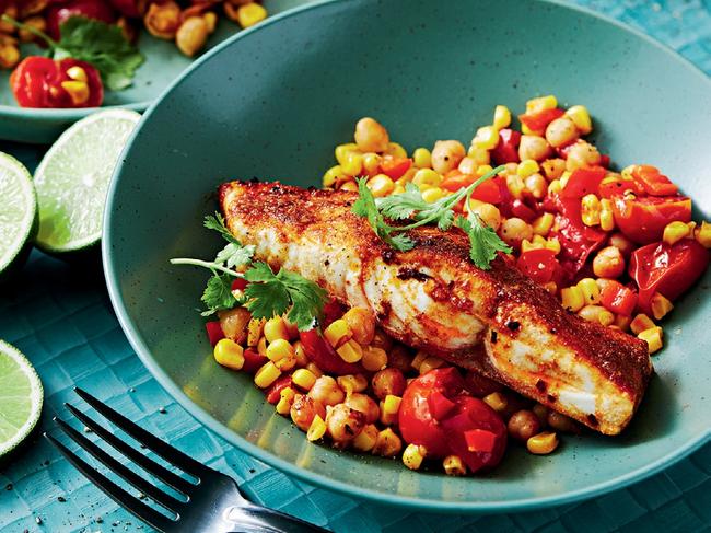 David Herbet's Spiced fish with corn & chickpeas recipe. Picture: Guy Bailey