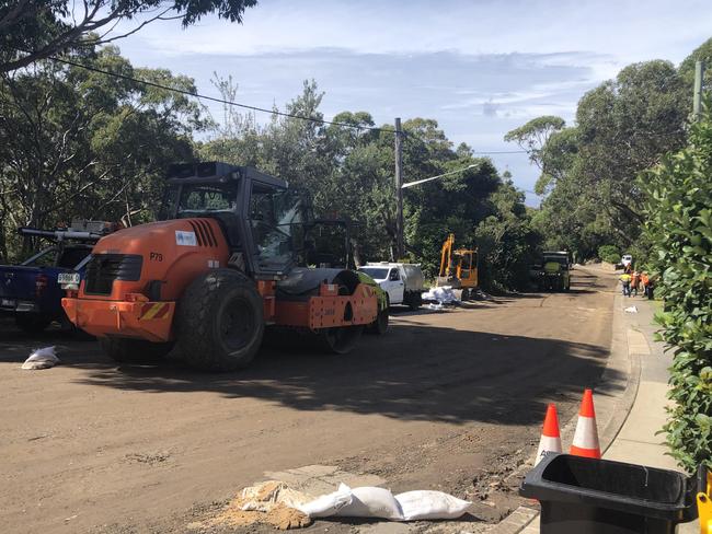 Roadworks by Northern Beaches Council contractors on Plateau Rd, between Avalon and Bilgola Plateau, on Tuesday. Picture: Jim O'Rourke