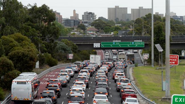 Heavy morning traffic heading into the city on the Eastern Freeway as it approaches the Hoddle Street flyover. Picture: Andrew Henshaw